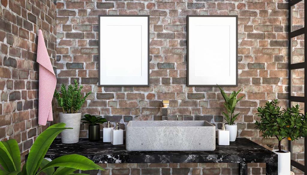 Bathroom with washbasin with picture frame attached to the wall